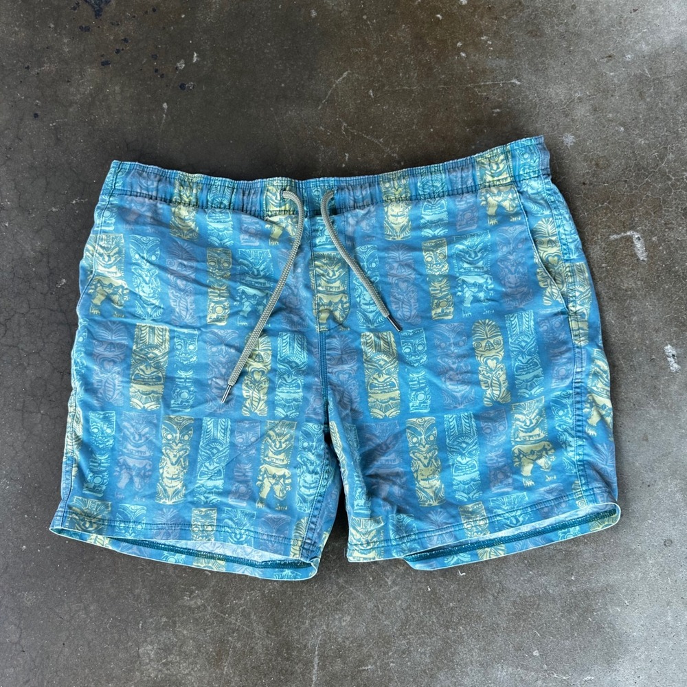 Rowdy Gentleman Swim Trunks Mens L Blue Tiki Print Drawstring Pockets Beachwear